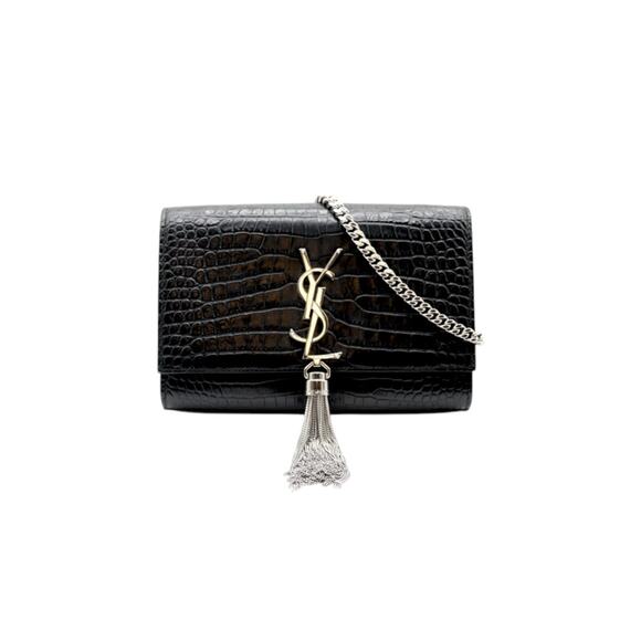 YSL Saint Laurent Calfskin Crocodile Embossed Kate Tassel Bag In Black - Picture 1 of 5